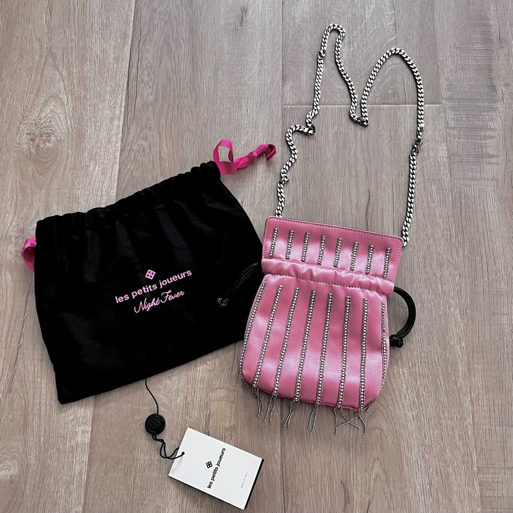 LES PETITS JOUEURS Trilly Nano Disco Stripe Satin Pink Clutch Bag Purse NWT RARE